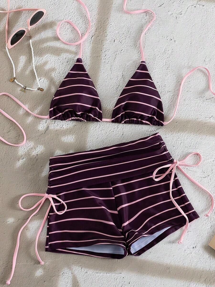 Conjunto de 2 piezas para mujer 2026, nuevo conjunto de top halter sin espalda con estampado aleatorio de rayas y shorts con lazo lateral para primavera/verano, elegante y sexy conjunto de bikini de moda para playa y resort - Multicolor - Ver 1