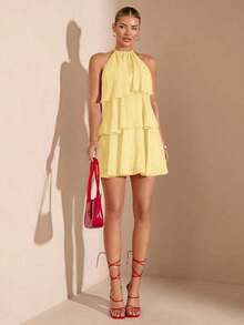 Vestido corto de gasa con hojas de loto en cascada de color rojo sólido, adecuado para citas diarias, salidas nocturnas, discotecas, fiestas, reuniones, fiestas de cóctel, fiestas de piscina, ropa de vuelta al colegio, vestidos de temporada esco - Amarillo - Ver 4