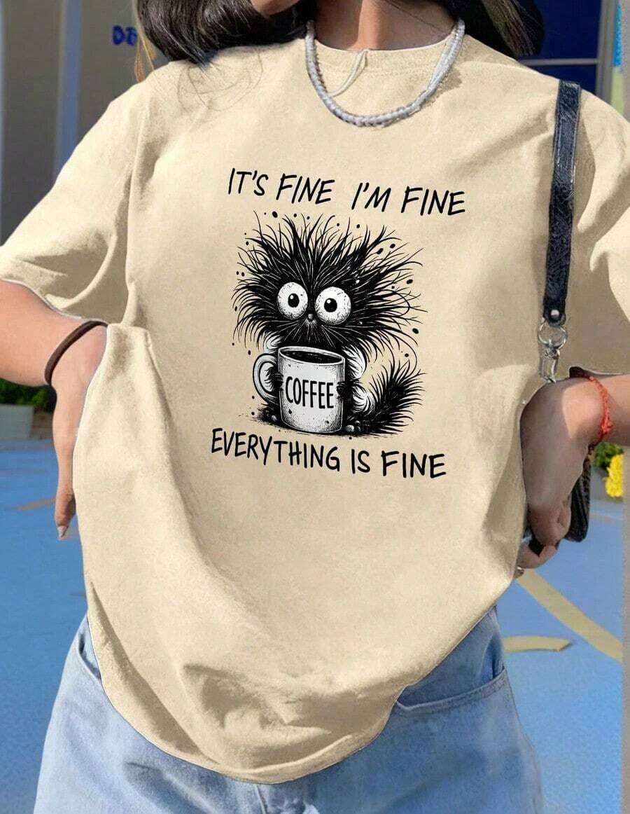 Women's Short-Sleeved T-Shirt With A Crew Neck And Simple Slogan Print, Casual Summer Style, Loose Fit, Ideal For Everyday Wear And Vacations. Women's T-Shirt - Lightweight - Vintage Urban Style - Unisex - Loose Fit Cotton Short-Sleeved Crew Neck T-Shirt - 杏色 - 查看 1