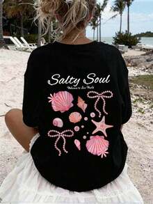 Women's Plus Size Pink "Salty Soul" Graphic T-Shirt, Short Sleeve, Stretchy Summer Top, Casual Vacation Tops, Black Tops For Women - Black - View 3