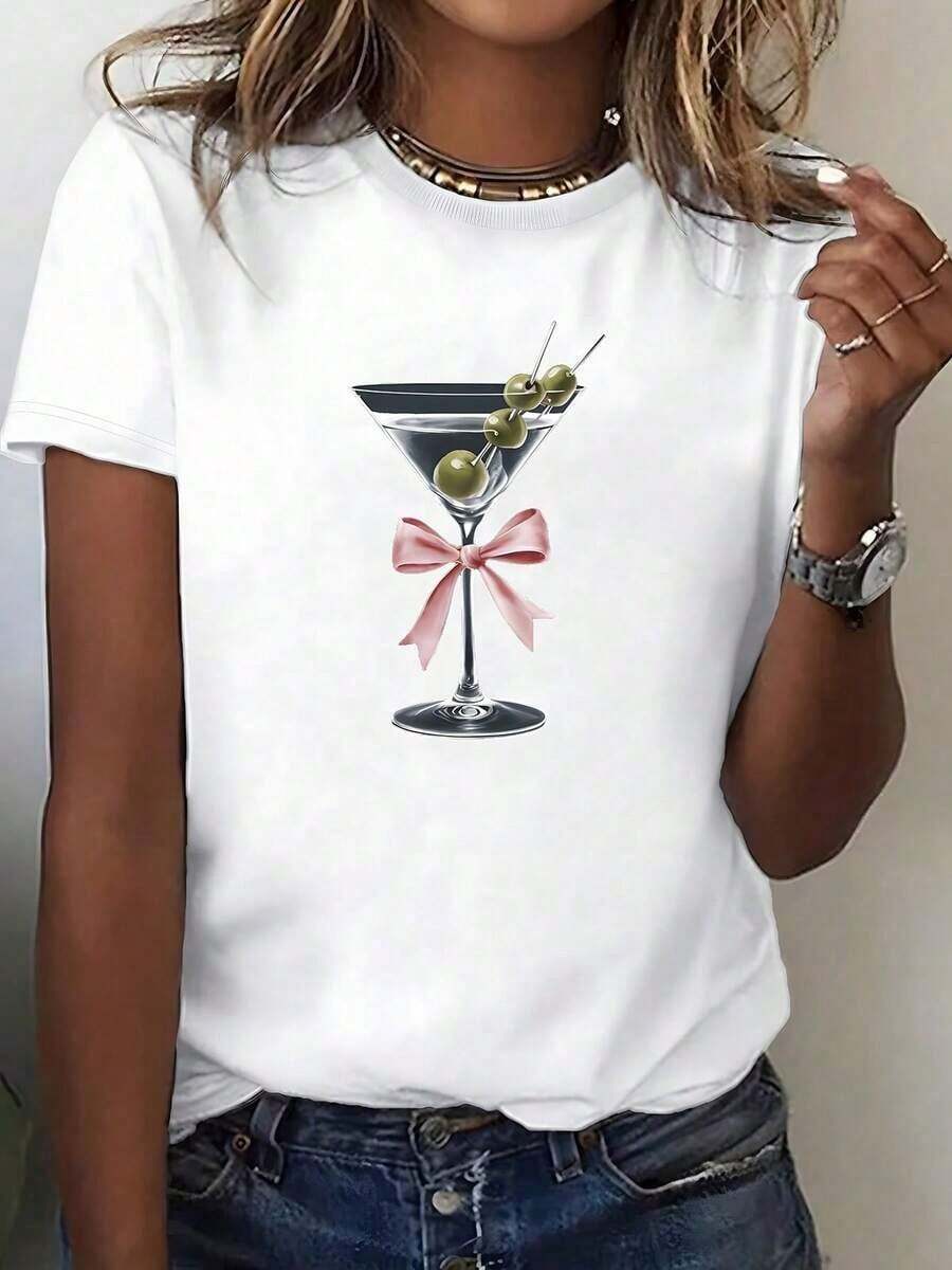 Camiseta Casual para Regalo de San Valentín con Gráfico de Copa de Martini y Lazo Rosa (Pieza Única, Material: 100% Algodón) - Blanco - Ver 1