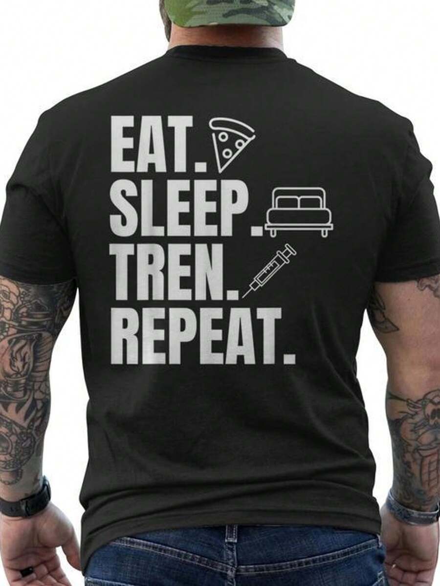 Men's "Eat Sleep Train Repeat Gym" T-Shirt - Trenbolone Steroid Design With Back Print, 100% Breathable Cotton, Bodybuilding T-Shirt For Training And Casual Wear, Short Sleeve, Crew Neck, Sportswear For Weightlifting And Cycling. Loose And Comfortable For Summer. - Black - View 1