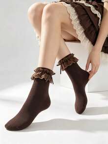 A Pair Of Lolita-Style Coffee Color Lace Bow Mid-Calf Socks, Suitable For All Seasons, Sweet Essential Coffee-Colored Lace Layered Socks, Compatible With JK/Lolita/Loafers/Ballet Style - Coffee Brown - View 1