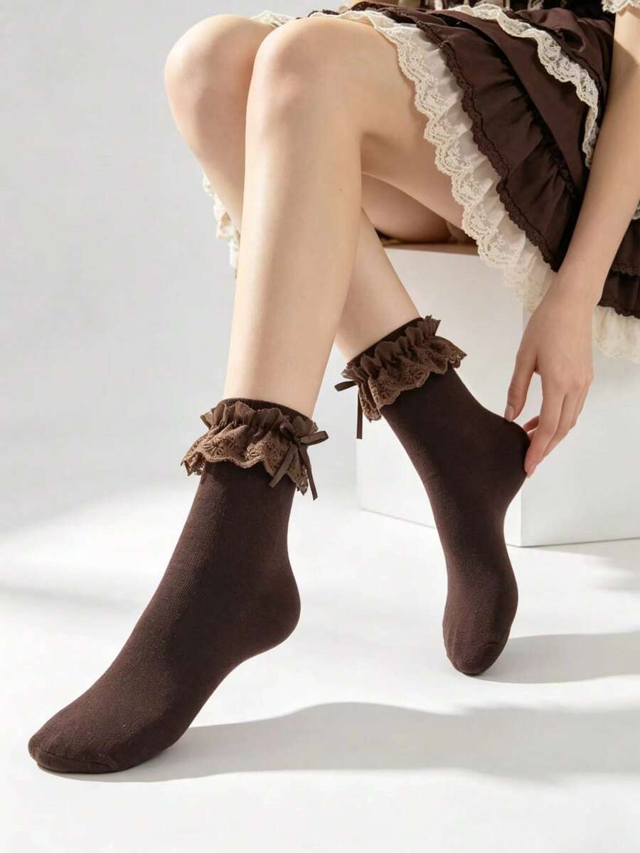 A Pair Of Lolita-Style Coffee Color Lace Bow Mid-Calf Socks, Suitable For All Seasons, Sweet Essential Coffee-Colored Lace Layered Socks, Compatible With JK/Lolita/Loafers/Ballet Style - Coffee Brown - View 1