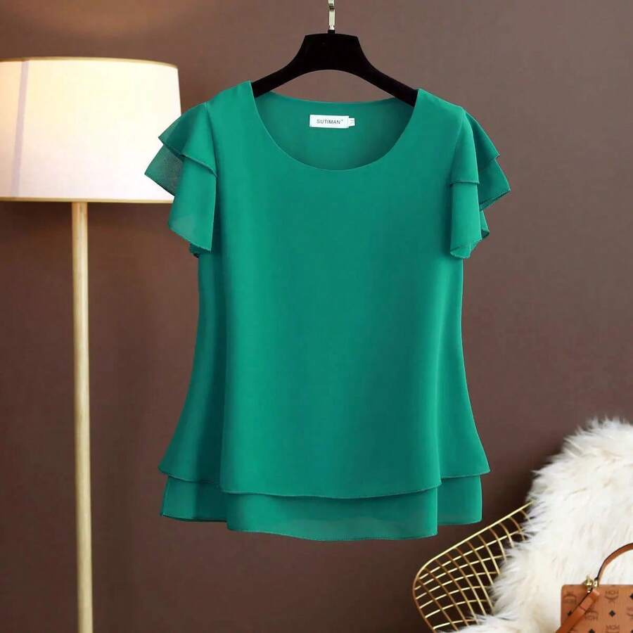 Marca de moda de verano, blusa informal holgada y fina de gran tamaño, Top de gasa de manga corta, blusa blanca, Tops verdes para mujer, M-6XL - Verde oscuro - Ver 1