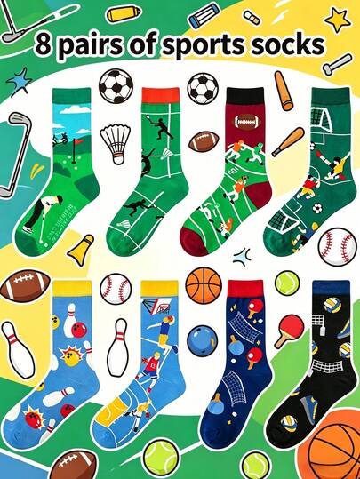 8 Pairs Men's Assorted Sports Print Mid-Calf Socks, Novelty Multi-Sport Pattern Socks (Golf, Badminton, Basketball & More), Great Gifts For Men/Boyfriend, Unisex Size, Ideal Birthday & Sports Fan Presents