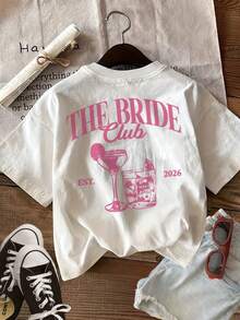 Women's Vintage Round Neck Short Sleeve T-Shirt, Front And Back Double Side Print "LEMON THE BRIDE Club EST", Ideal For Wedding Season, Size Ling Ksommer. - White - View 2