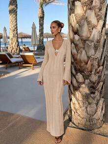 Nuevo vestido largo de punto con cuello en V rosa para mujer, decoración floral boho Y2K con lazo, atuendo sexy y elegante de verano para vacaciones en la playa & fiesta - Camello rosa - Ver 8