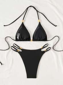 2026 Sunshine Girl Series European And American Popular Women's Summer Black Solid Color Pearl Accessories Halter Sexy Slimming Beach Vacation Style Minimalist Backless Tie Front High Waist Bikini Set Set, Suitable For Yacht Party, Pool Party - Black - View 2