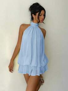 Vestido mini elegante de mujer con cuello halter y lazo en color amarillo claro - Celeste - Ver 7