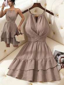 Vestido mini ajustado y acampanado sin mangas, elegante, de color caqui, con lazo de cuentas para mujer, para primavera/verano - Caqui - Ver 9