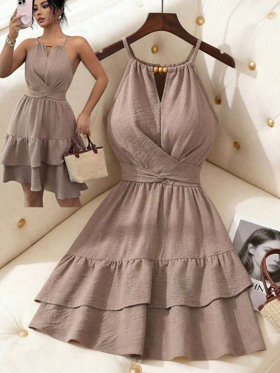Vestido mini ajustado y acampanado con estampado floral vintage, lazo con cuentas y sin mangas, elegante y grácil para primavera/verano - Caqui - Ver 1