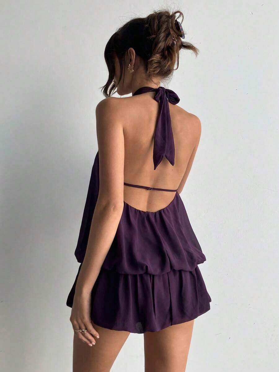 KIMW Vestido casual de verano para mujer con cuello halter, unicolor y volantes en el bajo - Morado - Ver 1