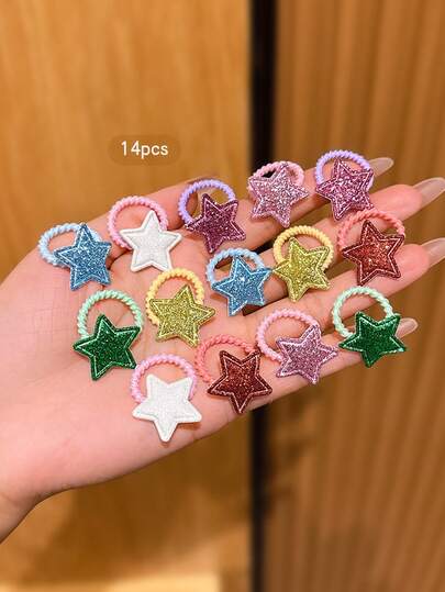 14pcs Colorful Star Shaped Hair Scrunchies, Sweet Style Hair Ties For Daily Use