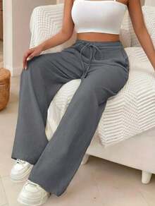 Women's Linen Palazzo Pants, Adjustable Waist With Drawstring, Side Pockets, Casual And Breathable For Vacations - 灰色 - 查看 2
