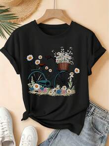 Unisex Cotton Short-Sleeved Round Neck T-Shirt, Urban Vintage Style, With Daisy Floral Print, Fresh Forest Style, Loose Top, Elegant Fashion For Spring/Summer Parties 2026, Versatile Women's Clothing For Going To Work. - 黑色 - 查看 12