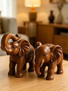 1pc Handmade Wooden Elephant Sculpture, Resin Material Decorative Animal Statue, Vintage Lucky Elephant Figurine, Suitable For Living Room, Bedroom, Coffee Table, Also A Great Gift - 1PC - View 2