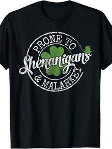 Camiseta Irlandesa con Trébol de San Patricio - Diseño divertido y travieso, camiseta unisex de manga corta, tela de algodón puro de 220g, estilo vintage adecuado para todas las estaciones. - Negro - Ver 1