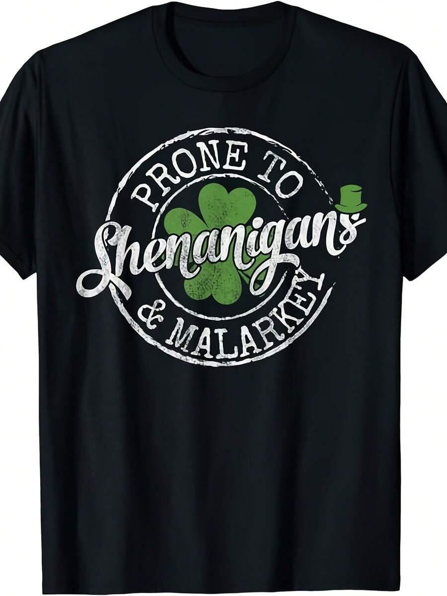 Camiseta Irlandesa con Trébol de San Patricio - Diseño divertido y travieso, camiseta unisex de manga corta, tela de algodón puro de 220g, estilo vintage adecuado para todas las estaciones. - Negro - Ver 1