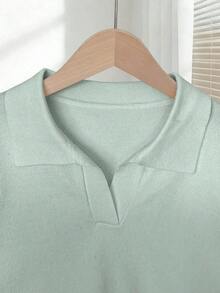 New 2026 Collection: Women's Solid Color Fitted Knit Blouse, Spring/Summer, White, Simple, Casual, With Roll Neck And Raglan Short Sleeves. Solid Color Blouses, Pink Blouses, Baby Pink Blouses. - 綠色 2 - 查看 3
