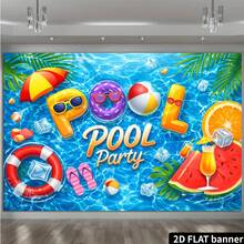 2D Flat Pool Party Backdrop, Refreshing Pool Theme With Printed Swim Rings, Icy Drinks, Fruits Decor, Vibrant Colors, Durable Polyester Material, No Power Needed, Suitable For Indoor And Outdoor Decoration - 5 - View 3