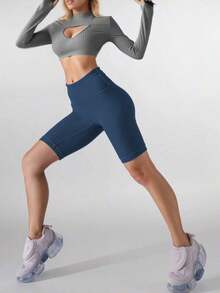 Pantalones cortos de compresión hasta la mitad del muslo para mujer , suaves y amigables con la piel, adecuados para yoga y deportes al aire libre en primavera, verano y otoño, color negro - Niebla azul - Ver 3