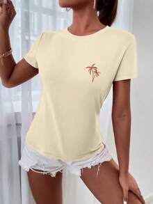 Camiseta de playa con estampado de cocotero vintage, cuello redondo, manga corta informal, ropa de mujer para vacaciones de primavera y verano, camisetas gráficas con diseño "SUNSHINE State Of Mind", tops para mujer adecuados para el ocio diario. - Albaricoque - Ver 5
