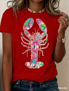Women's Lobster Print T-Shirt - Soft Pink And Turquoise Coastal Design, Loose Fit, Short Sleeves, Round Neck, Lightweight And Breathable, Ideal For Summer Beach Parties, Vibrant Lobster Design, Casual Women's T-Shirt, Machine Washable, Gift Option (New Stylish T-Shirt) - 紅色 - 查看 4