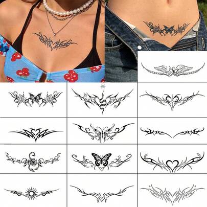 STARTTOOS 13pcs Black Totem Temporary Tattoo Stickers, 3 Sheets Combination Semi-Permanent Unisex Tattoos, Durable Realistic Waterproof Body Art Decoration, Suitable For Arm, Wrist, Ankle And Abdomen, Boho Design