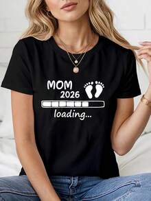 1 pieza de camiseta "Upgrade to Mom" con estampado de letras, llena de anticipación, camiseta de cuello redondo para mujer, primavera/verano, 180g 100% algodón. - Negro - Ver 6