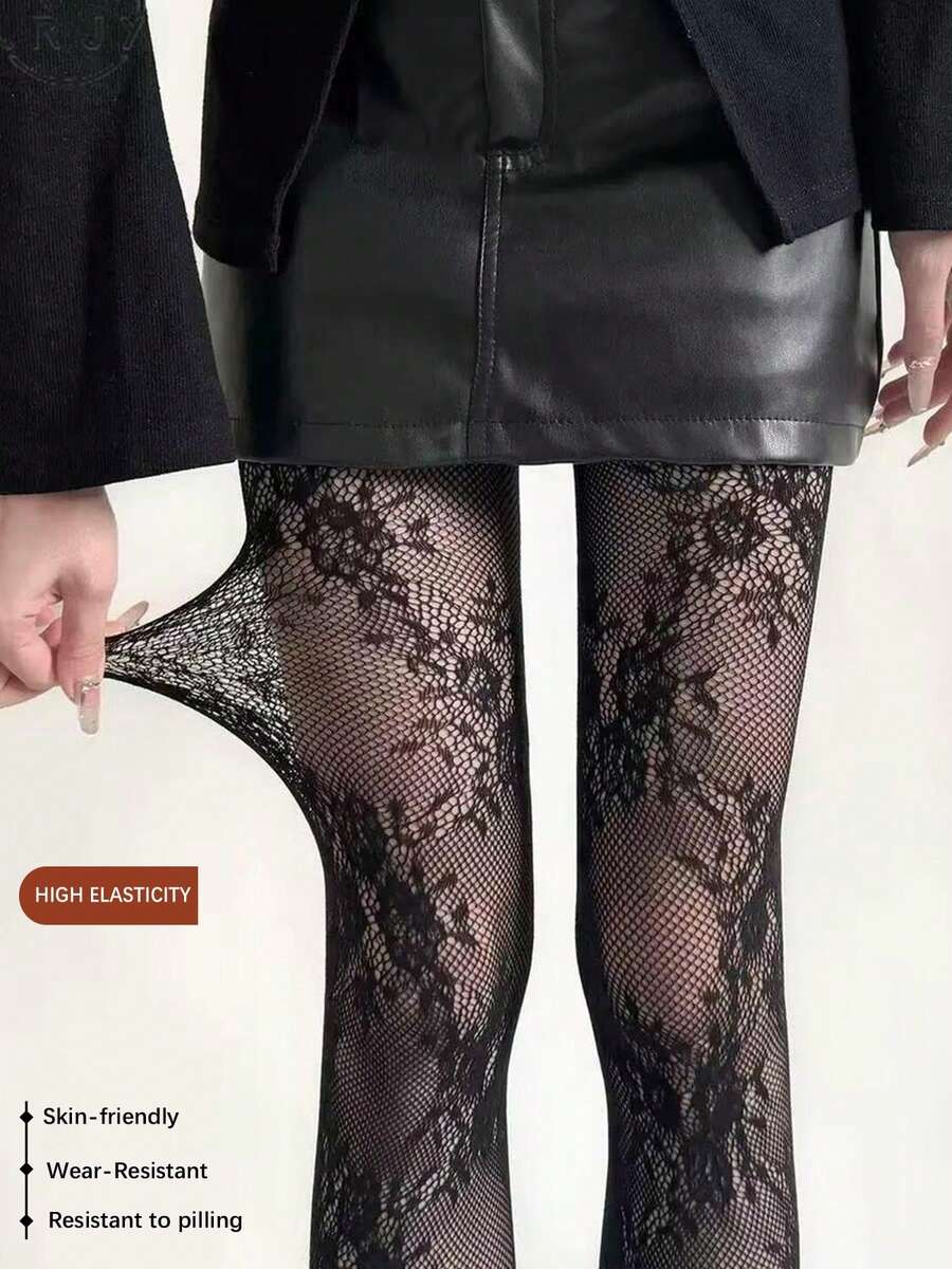1件女款夏季黑色彈性緊身魚網褲襪，防勾絲長筒襪，適合日常通勤