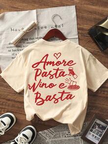 Short-Sleeved Crew Neck T-Shirt With Italian Wine And Pasta Letter Print, Minimalist Summer Fashion, Versatile And Elegant For Women, Women's Graphic T-Shirt Oversized Loose Casual Style Summer 2026 - 杏子 2 - 查看 2