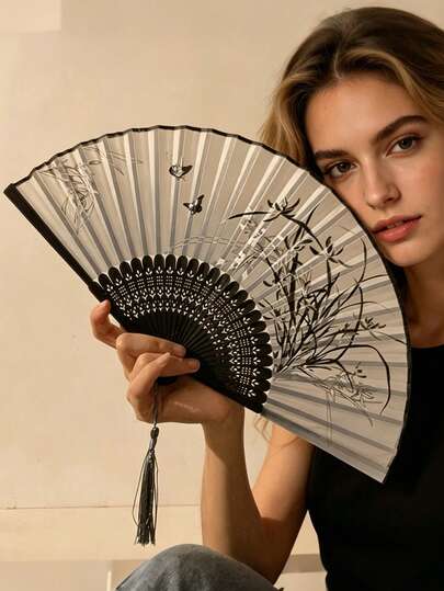 1pc Elegant Vintage Bamboo Folding Fan With Tassels, Classic Black & White Floral Pattern Handheld Fan, Lightweight Portable Cooling Fan, Perfect For Wedding Party Summer Daily Wear Hanfu Matching Dance Performance Photo Props Home Decoration, Ideal Gift For Women & Friends