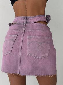 SQUALO Light Blue Slit Denim Midi Skirt - 100% Cotton - Watermelon Pink - View 2