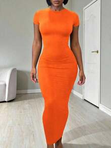Vestido de mujer de manga corta ajustado de unicolor para uso diario en verano - Naranja - Ver 5