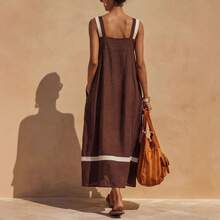 Women's Summer New Cotton-Linen Blend Square Neck Striped Color-Block Sleeveless Casual Elegant Dress - 黑色 - 查看 3