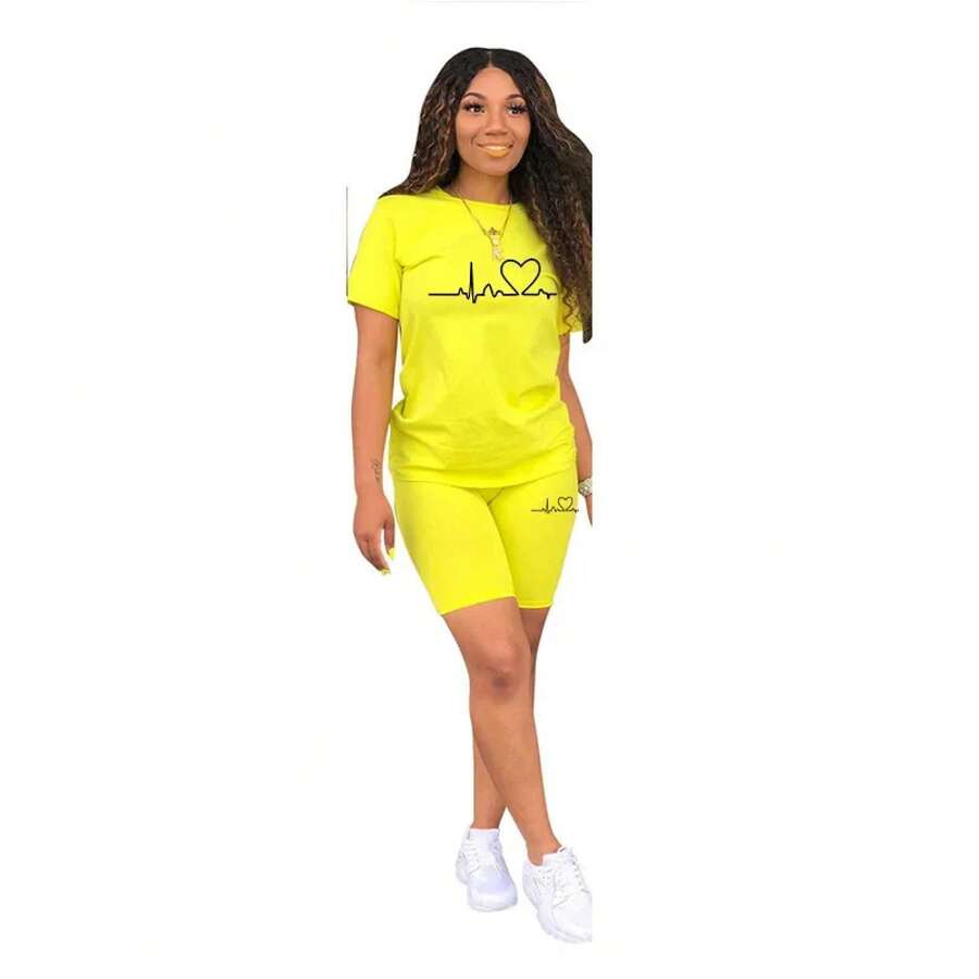 Conjunto de Dos Piezas de Ropa Casual de Verano para Mujer 2026, Camisetas con Cuello Redondo y Pantalones Cortos, Traje Deportivo de Manga Corta para Uso Diario, Gran - Amarillo - Ver 1