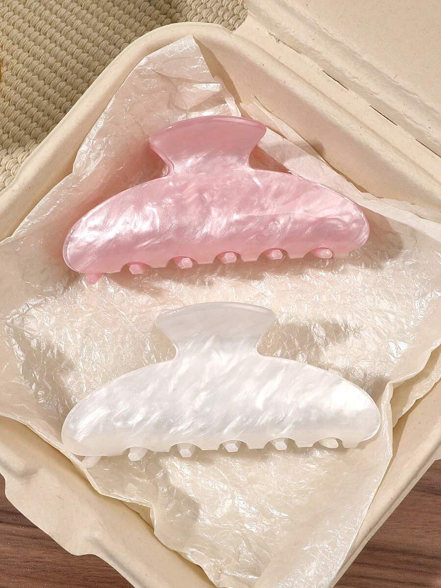 2个白色和粉色醋酸纤维鲍鱼纹半圆形发爪,韩式柔美甜美风格发夹,优雅浪漫春日气息,用途广泛,适合旅行、野餐、夏季沙滩发饰、度假发夹 - 彩色 - 查看 1