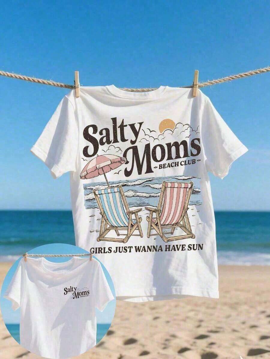 Salty Moms Women's Short Sleeve T-Shirt, Comfortable And Colorful, For Beach And Club, Fashionable Beach T-Shirt, Summer Style T-Shirt - Plus Size Casual Short Sleeve Crew Neck T-Shirt, Soft And Breathable Fabric For Summer Parties And Gifts. - 白色 - 查看 1