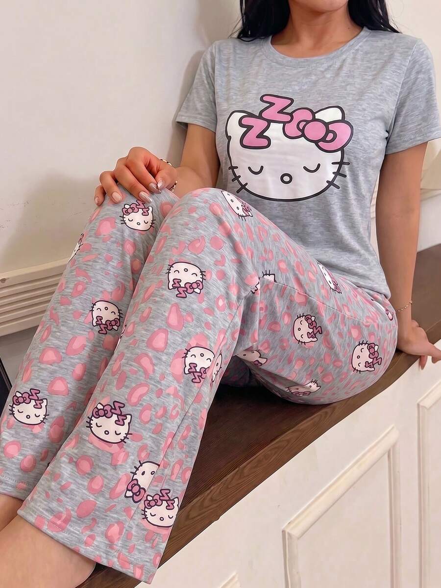 SANRIO 两件套 Hello Kitty 图案女士睡衣套装,柔软短袖上衣和长裤,可爱舒适的家居服 - 淺灰色 - 查看 1