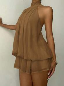 Vestido mini elegante de mujer con cuello halter y lazo en color amarillo claro - Caqui - Ver 3