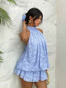 Vestido mini elegante de mujer con cuello halter y lazo en color amarillo claro - Celeste 2 - Ver 7