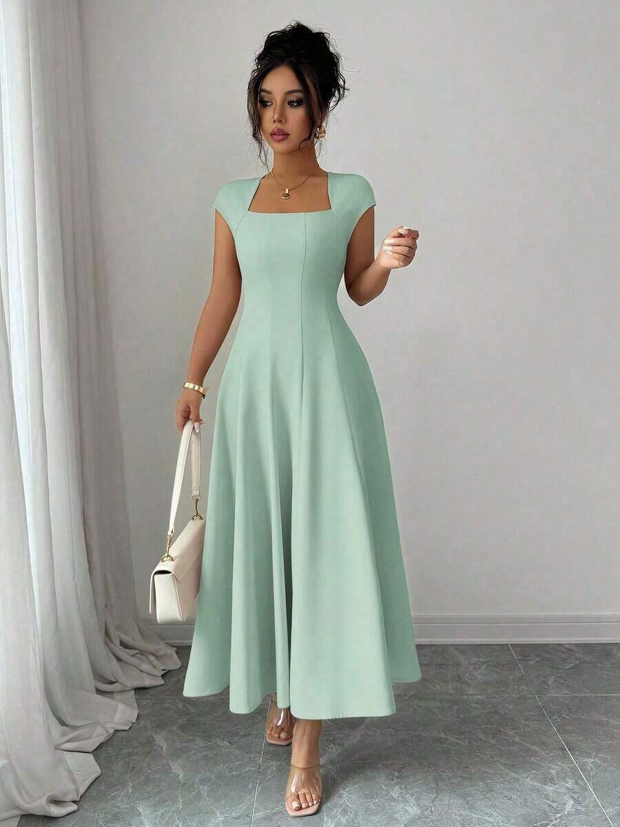 Vestido Midi Verde Oliva para Mujer , Cuello Cuadrado, Cintura Ajustada, Corte en A, Manga Corta, para Verano, Fiesta de Té, Trabajo, Playa, Vacaciones, Festival de Música, Cerveza - verde menta - Ver 1