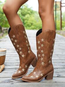 2026 New Vintage Western Cowboy Boots For Women, Brown Color, Pointed Toe, Embroidered, Chunky High Heel, Pull-On Mid-Calf Riding Boots - Brown - View 7