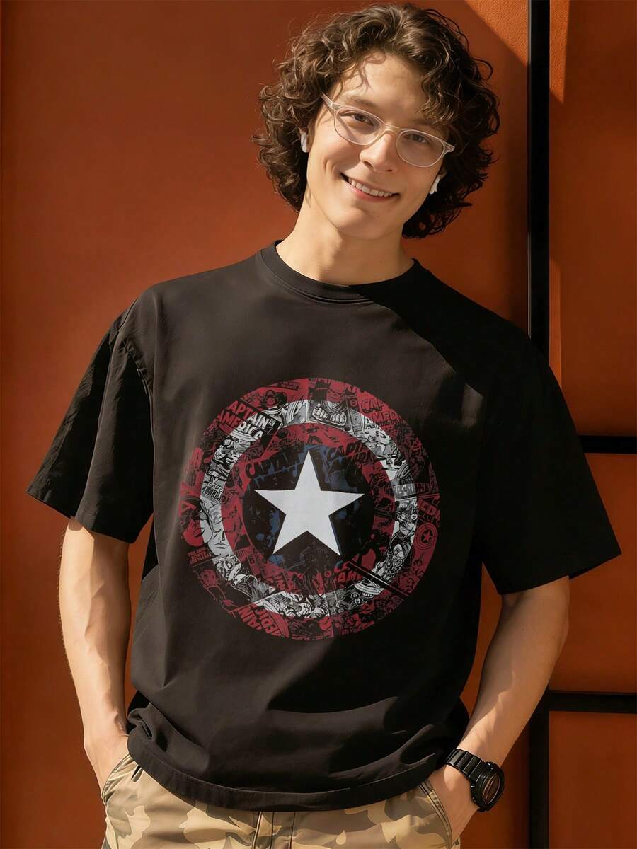 Marvel Shield Design Graphic T Shirt 100 Percent Cotton Mens T Shirts    Universe  Superhero Men's Summer Outfits Men Clothes Mens Tops Streetwear Mens Gift Ideas Innerwear Or Outfits,Mens Fashion - màu đen - Xem 1