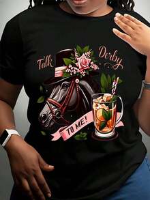 Camiseta "Talk Derby To Me" con diseño de caballo y cóctel para fiesta del Derby de Kentucky, top casual de moda para mujer, atuendo de primavera y verano, 200g, blusas elegantes para dama, tops de mujer - Negro - Ver 2