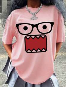 Camiseta de cuello redondo con estampado de expresión divertida de dibujos animados para adolescentes y niñas, top casual suave para primavera/verano Y2K - Rosa - Ver 1