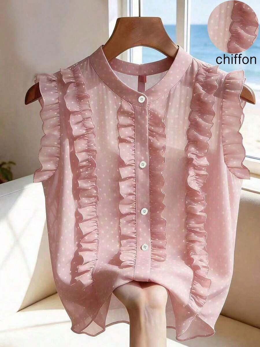 Blusa de mujer de gasa negra con lunares, elegante y romántica con volantes en el bajo - Rosa Pálido - Ver 1