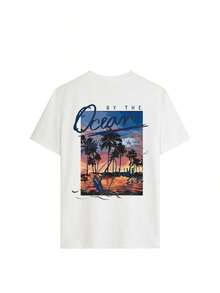 Camiseta holgada para mujer con estampado de palmeras y atardecer en el océano, suave y transpirable, estilo casual, estilo boho playero, manga corta, adecuada para vacaciones de verano, viajes a la playa, fiestas con fogatas y resorts tropicales, color negro. - Blanco - Ver 2
