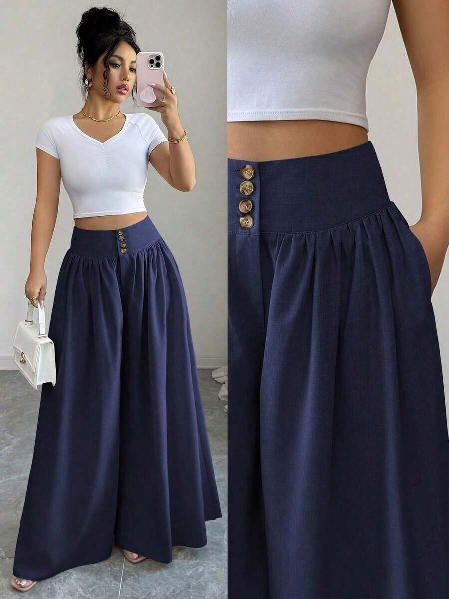 Nuevos pantalones anchos de mujer de estilo casual y elegante con diseño de hebilla floral, color caqui de lino, pantalones largos adecuados para el Día de Acción de Gracias, Halloween, primavera/verano - Azul marino - Ver 1